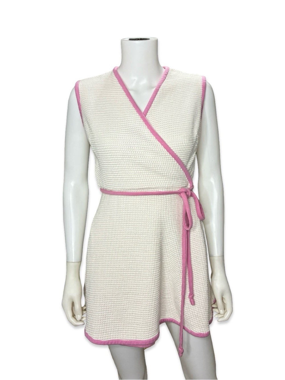 Vintage 1960s / 1970s Cream & Pink Waffle Knit Wrap Dress